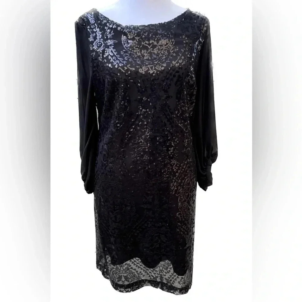 Eva Mendez black sheer sleeve sequins dress size 0